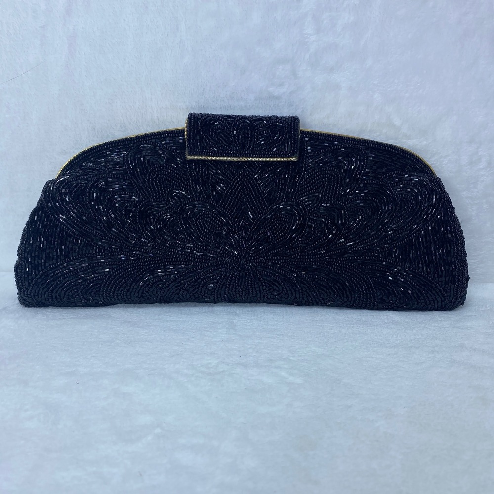 Vintage Black Beaded Clutch Purse Evening Bag Gold Tone Chain Strap